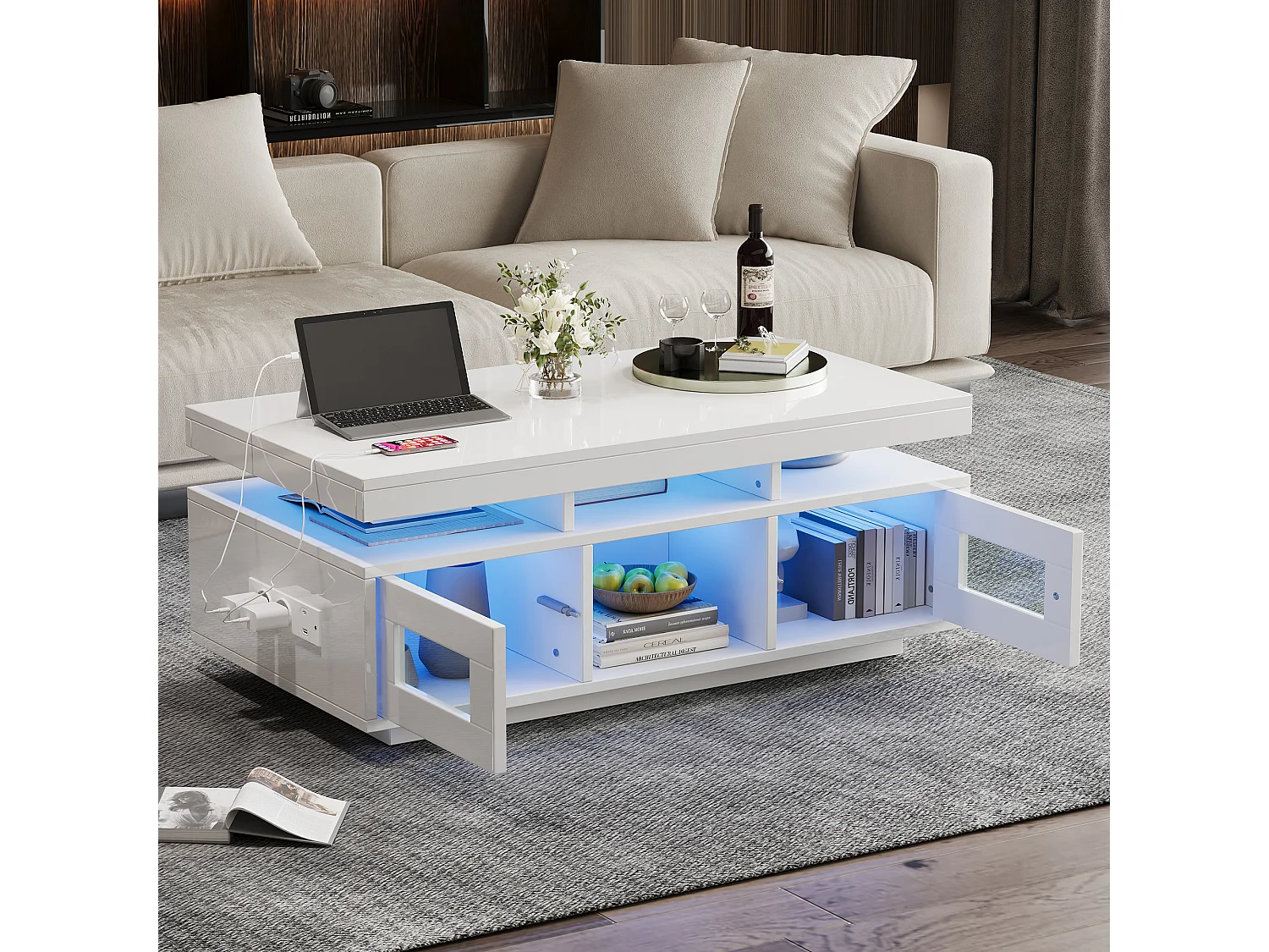 Table basse haute brillance, avec LED,  Panneau de Particules + Verre Trempé, 100 x 50 x 43 cm, Blanc