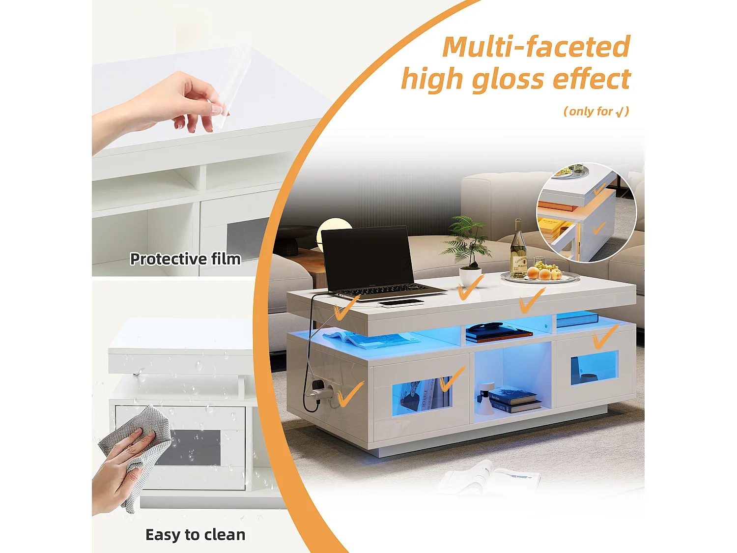 Table basse haute brillance, avec LED,  Panneau de Particules + Verre Trempé, 100 x 50 x 43 cm, Blanc