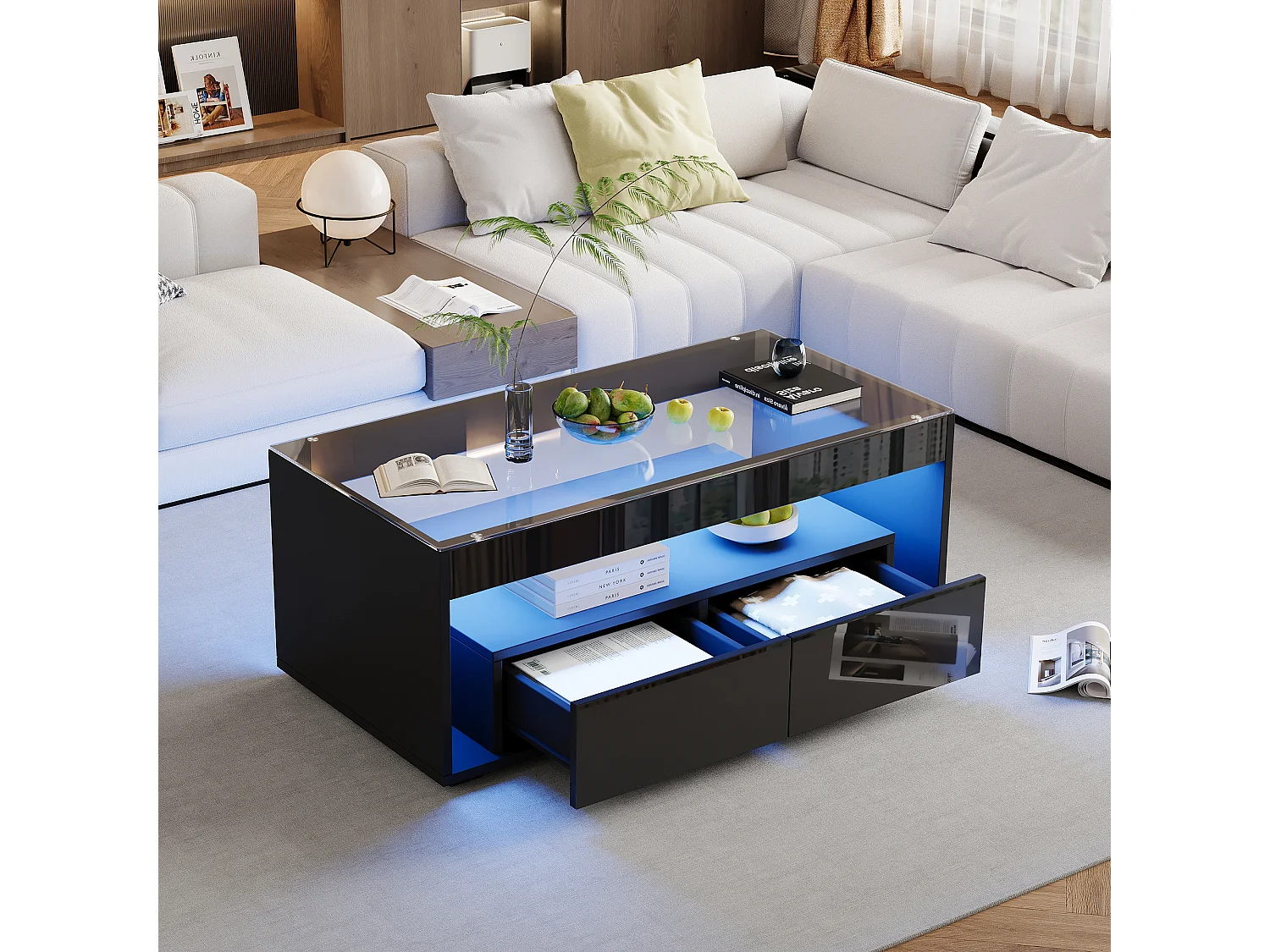 Table Basse Moderne avec LED, Table rectangulaire avec 2 Grands tiroirs, Noir, 100 × 50 × 40 cm