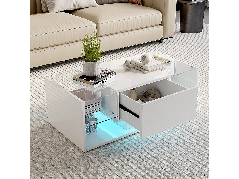 Tavolino da caffè sospeso con illuminazione LED bianca, 100 x 50 x 35 cm, piano in vetro temperato, lucido