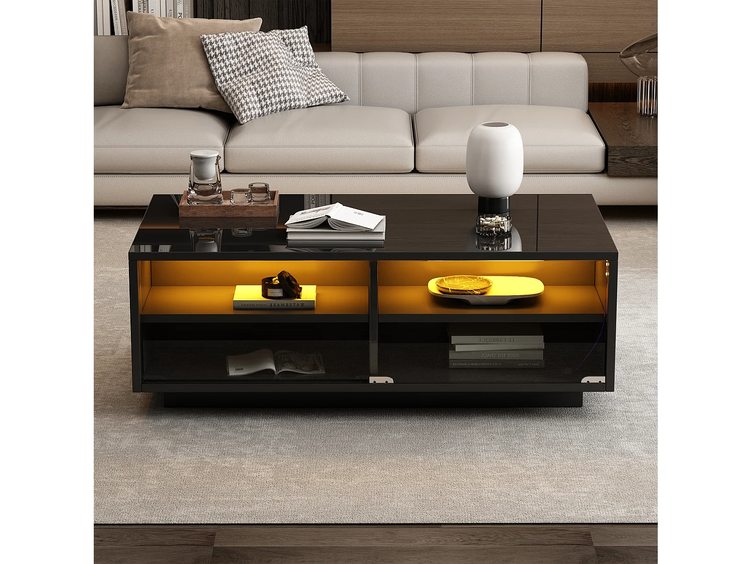 Table Basse Salon 94x50x34 cm, avec LED, Plateau en Verre, 2 Tiroirs, pour Salon Bureau, Noir