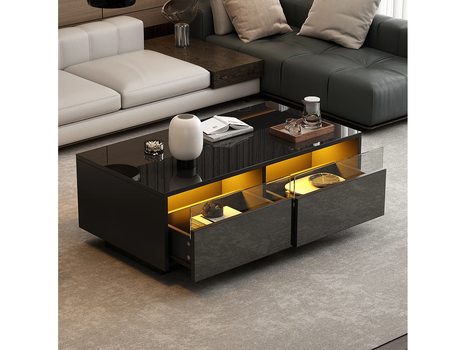 Table Basse Salon 94x50x34 cm, avec LED, Plateau en Verre, 2 Tiroirs, pour Salon Bureau, Noir
