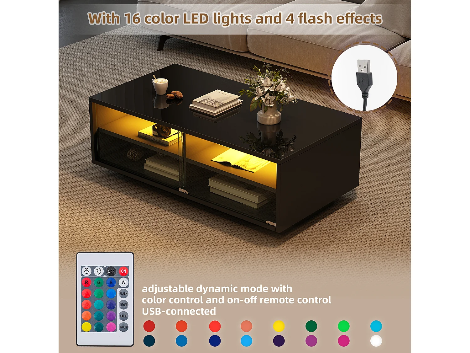 Table Basse Salon 94x50x34 cm, avec LED, Plateau en Verre, 2 Tiroirs, pour Salon Bureau, Noir