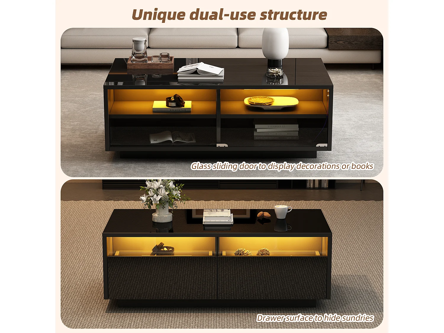 Table Basse Salon 94x50x34 cm, avec LED, Plateau en Verre, 2 Tiroirs, pour Salon Bureau, Noir