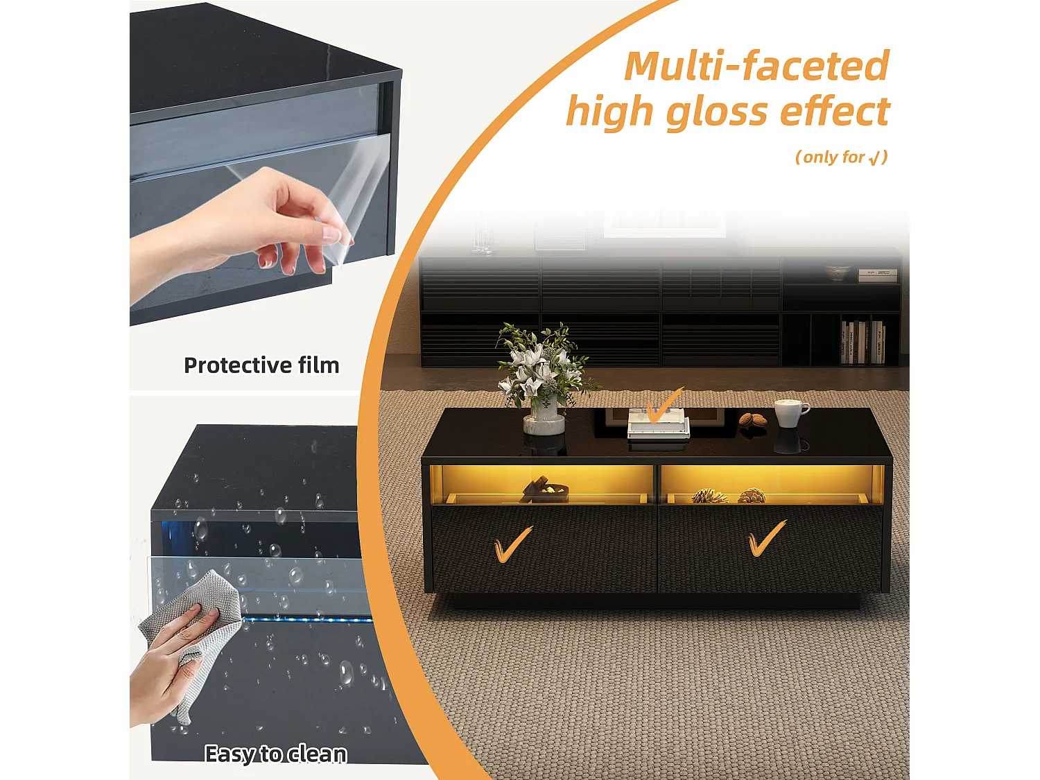 Table Basse Salon 94x50x34 cm, avec LED, Plateau en Verre, 2 Tiroirs, pour Salon Bureau, Noir