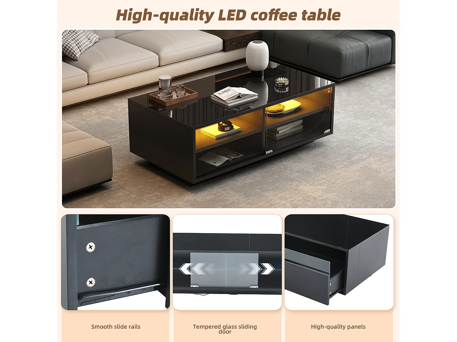 Table Basse Salon 94x50x34 cm, avec LED, Plateau en Verre, 2 Tiroirs, pour Salon Bureau, Noir