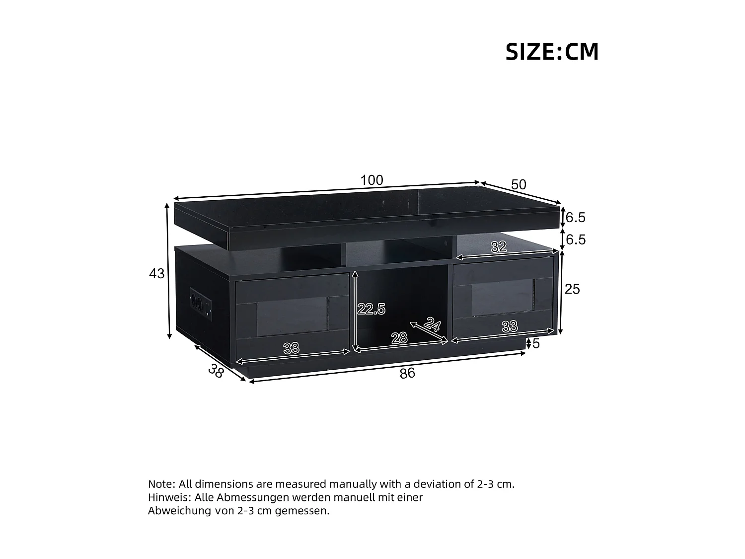 Table basse haute brillance, avec LED,  Panneau de Particules + Verre Trempé, 100 x 50 x 43 cm, noir