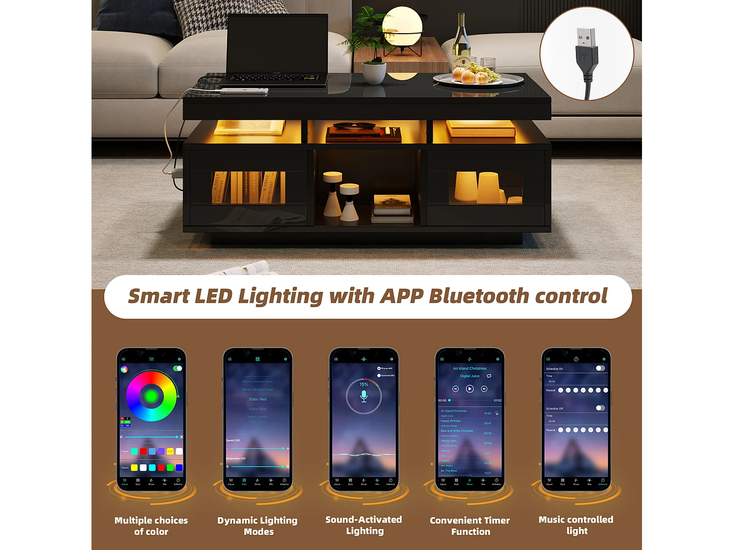 Table basse haute brillance, avec LED,  Panneau de Particules + Verre Trempé, 100 x 50 x 43 cm, noir