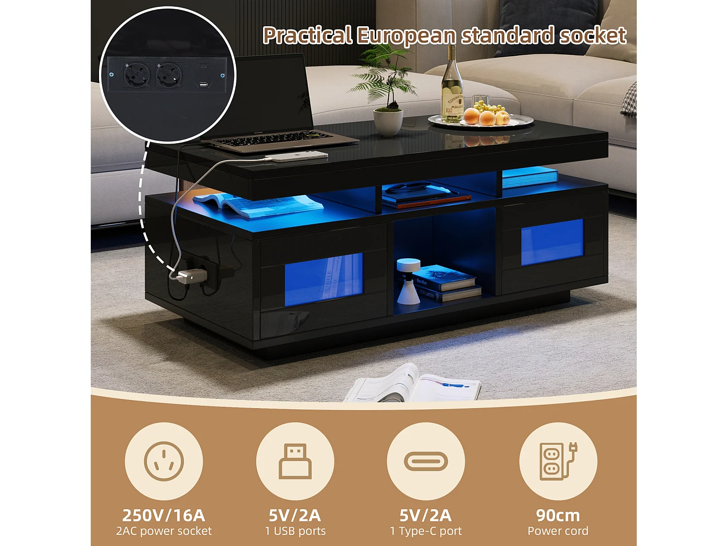 Table basse haute brillance, avec LED,  Panneau de Particules + Verre Trempé, 100 x 50 x 43 cm, noir