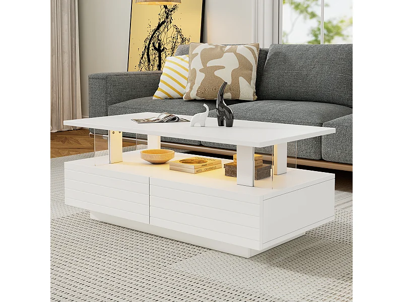 Mesa de centro com iluminação LED, função de armazenamento, mesa de centro retangular de dois níveis, branca