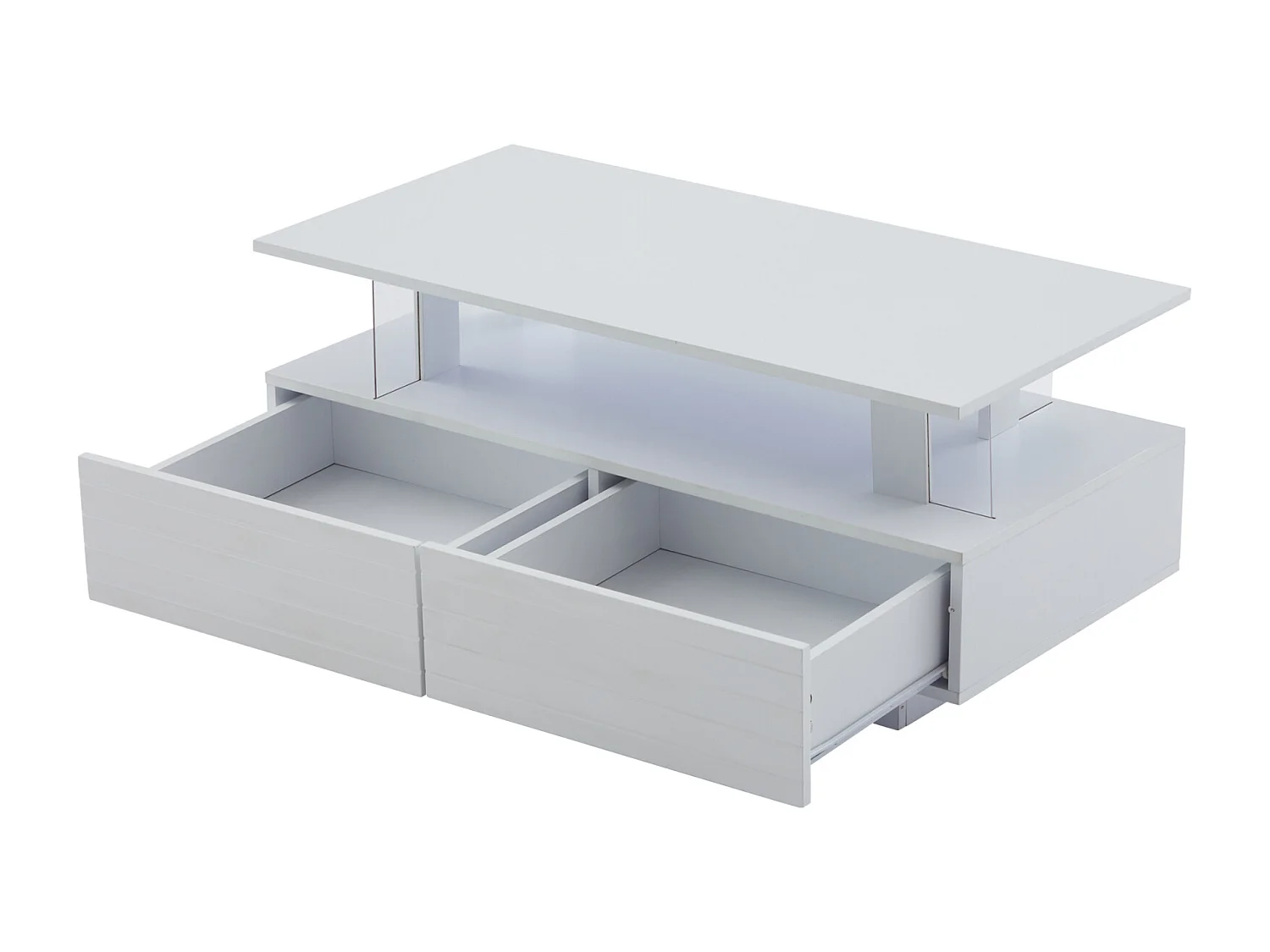 Mesa de centro com iluminação LED, função de armazenamento, mesa de centro retangular de dois níveis, branca