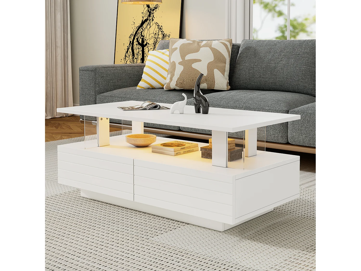 Table Basse avec LED, Fonction de Rangement, Table Basse rectangulaire à Double Couche, Blanc