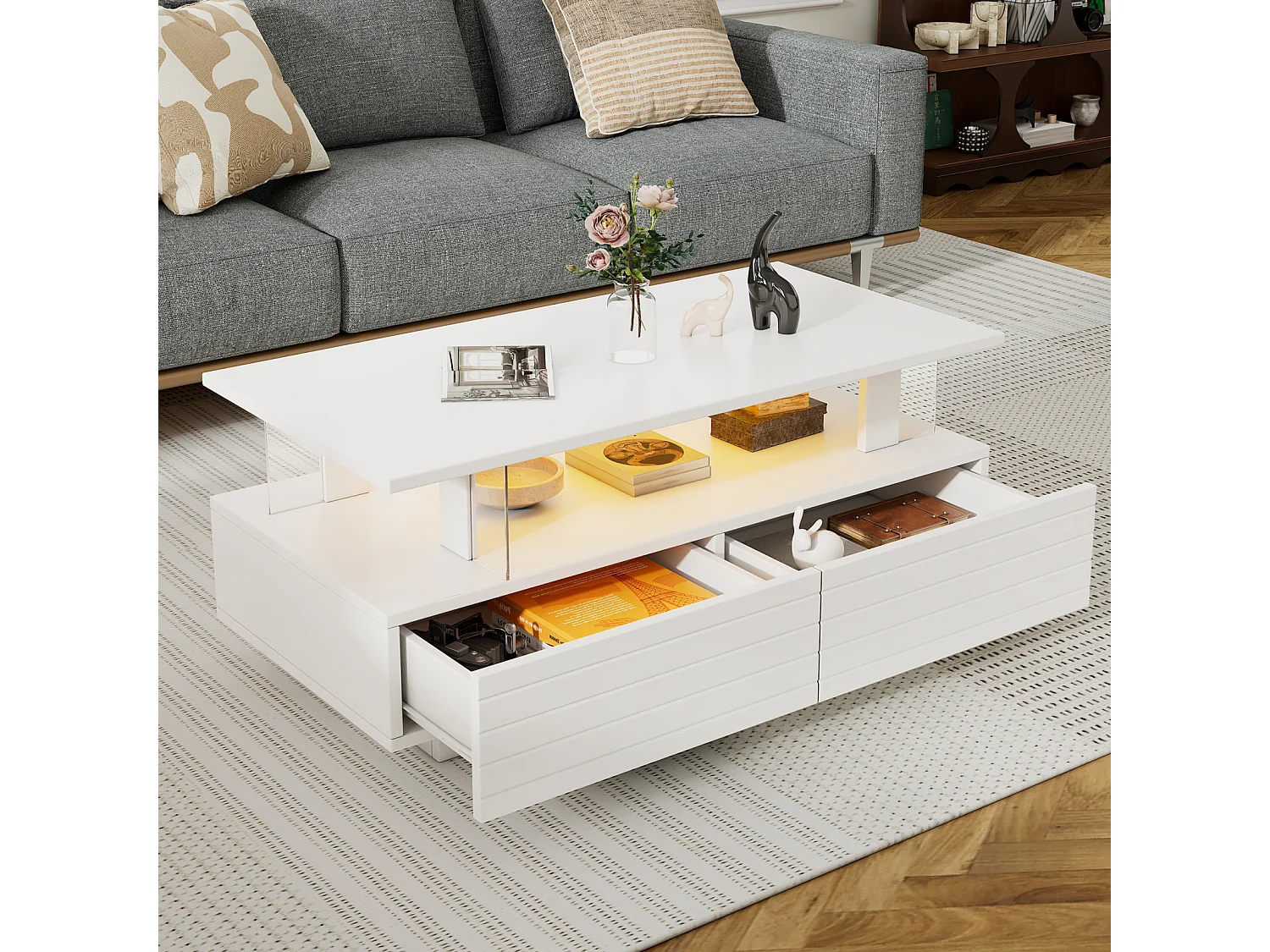 Table Basse avec LED, Fonction de Rangement, Table Basse rectangulaire à Double Couche, Blanc