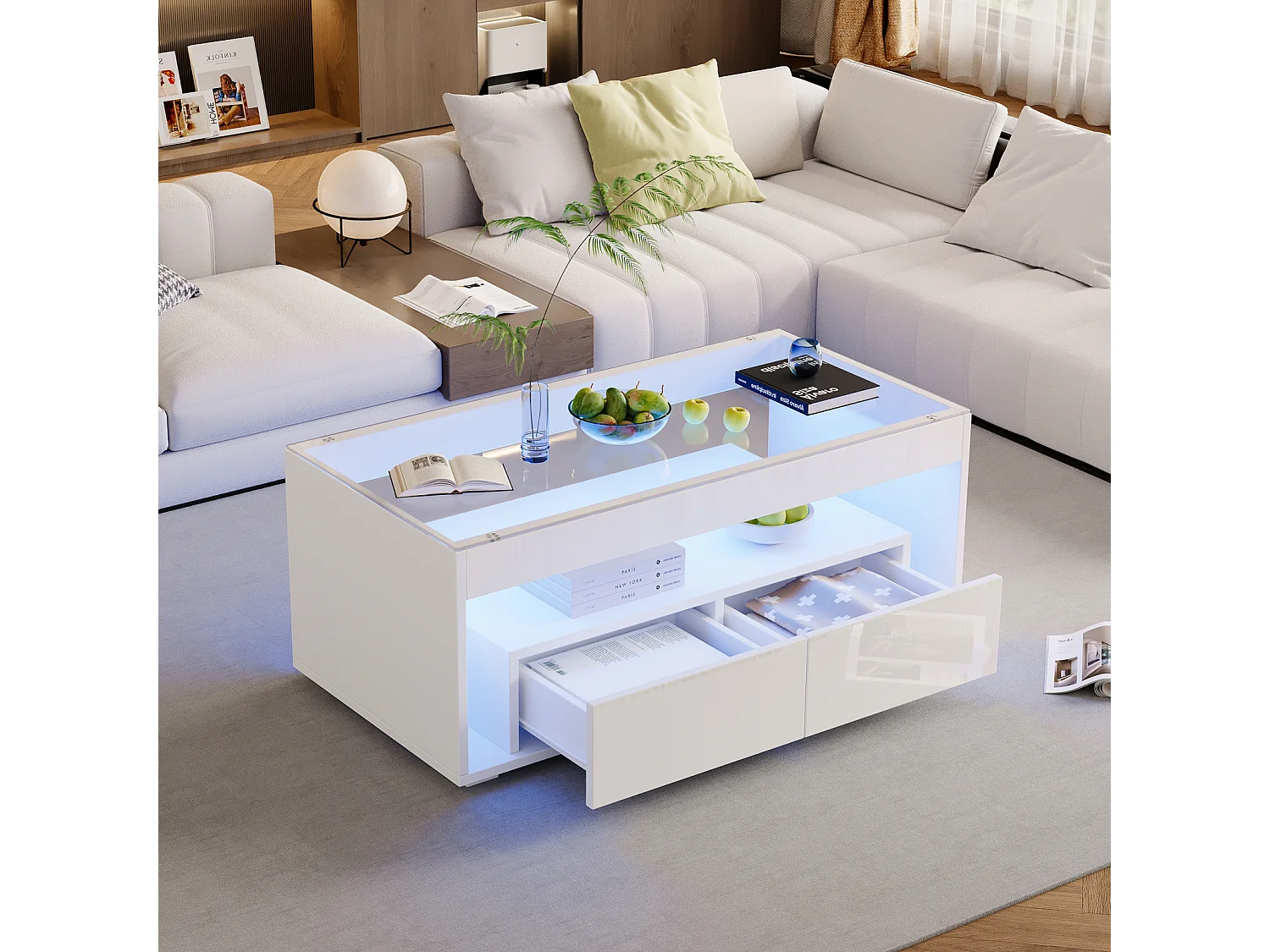 Table Basse Moderne avec LED, Table rectangulaire avec 2 Grands tiroirs, Blanc, 100 × 50 × 40 cm