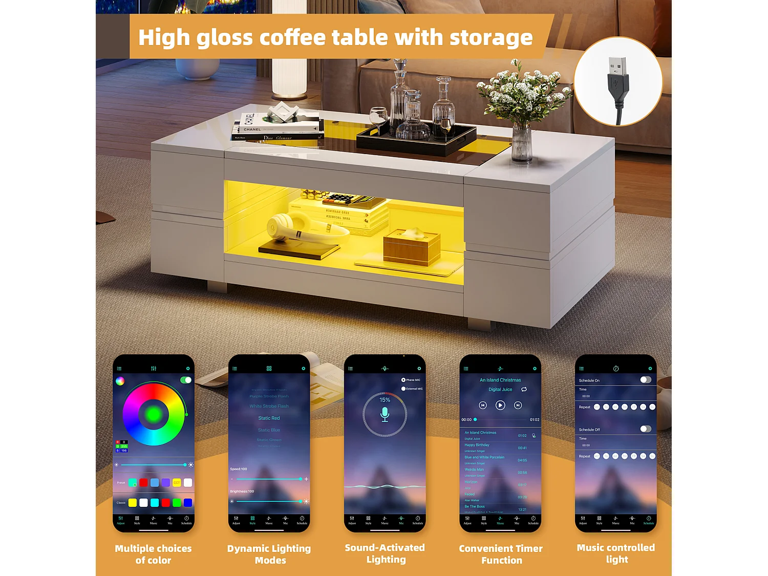 LED salontafel voor in de woonkamer, witte salontafel met open opbergruimte, glazen blad, 100 x 50 x 35 cm