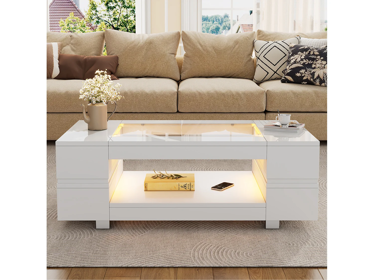 Tavolino da salotto a LED, tavolino bianco con vano portaoggetti aperto, piano in vetro, 100 x 50 x 35 cm