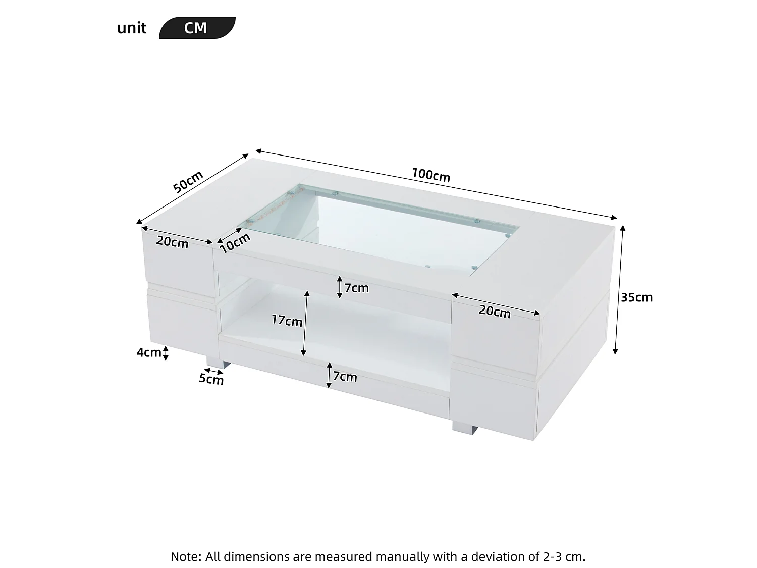 Tavolino da salotto a LED, tavolino bianco con vano portaoggetti aperto, piano in vetro, 100 x 50 x 35 cm