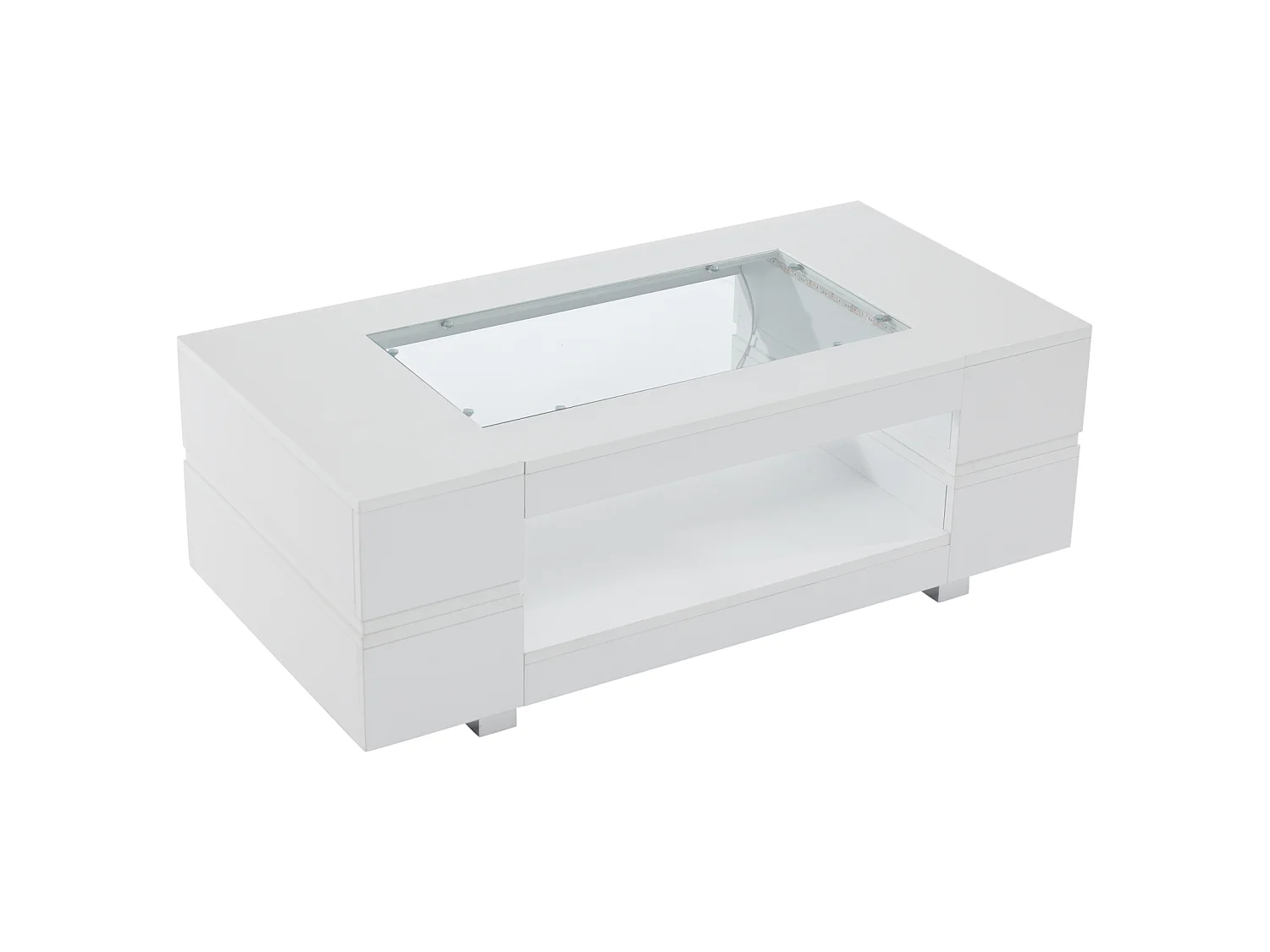 Tavolino da salotto a LED, tavolino bianco con vano portaoggetti aperto, piano in vetro, 100 x 50 x 35 cm
