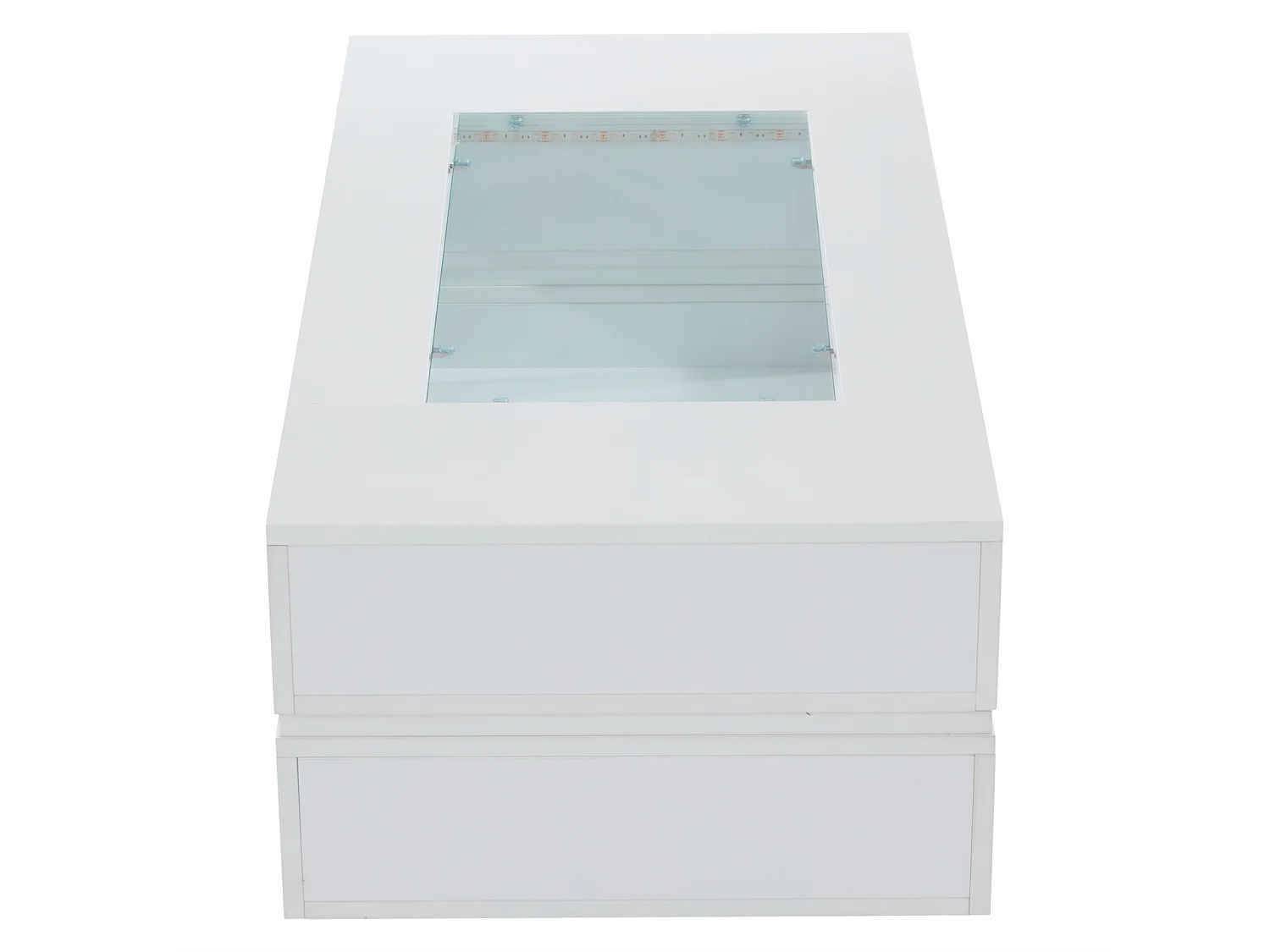 Tavolino da salotto a LED, tavolino bianco con vano portaoggetti aperto, piano in vetro, 100 x 50 x 35 cm