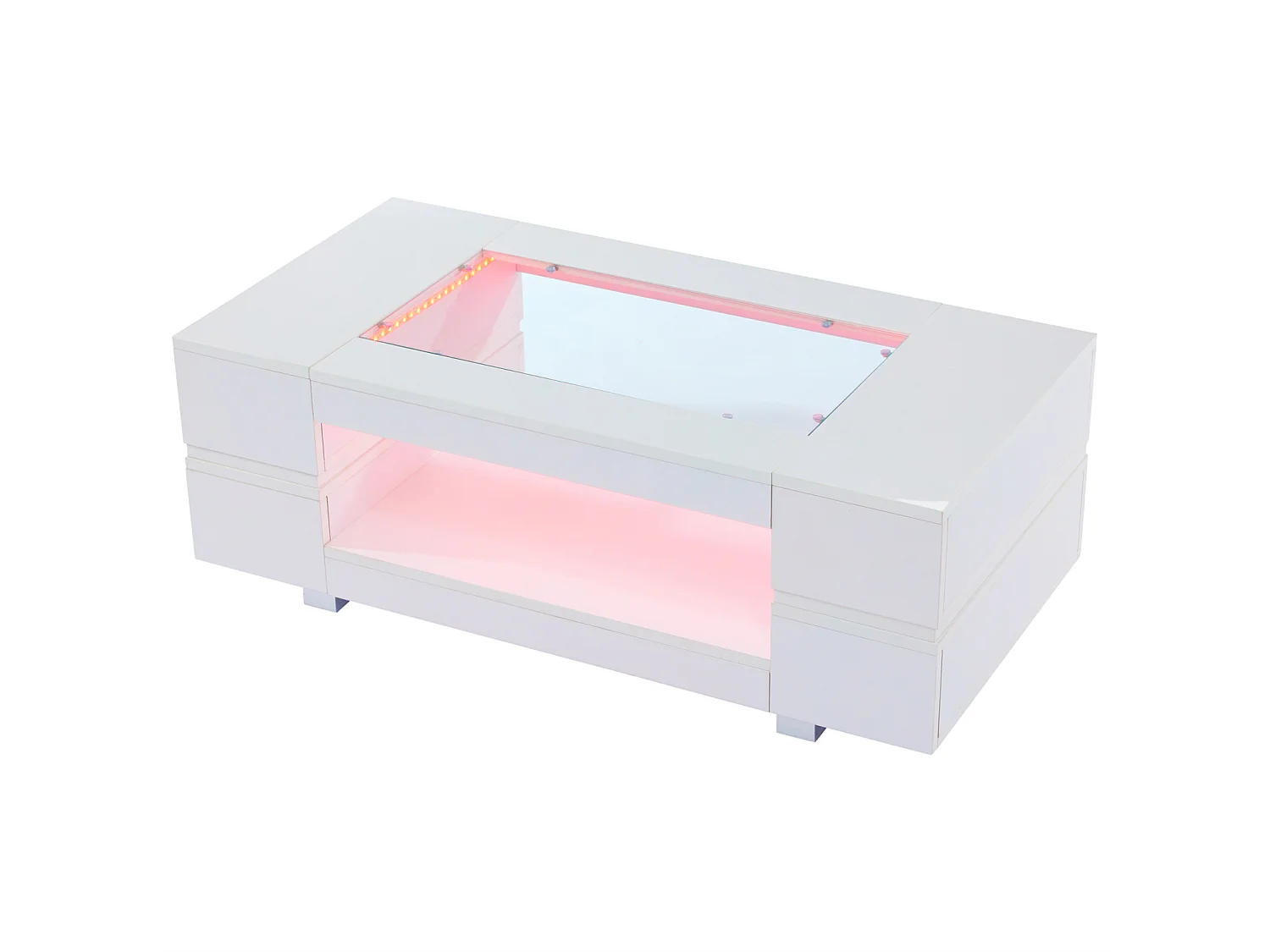 Tavolino da salotto a LED, tavolino bianco con vano portaoggetti aperto, piano in vetro, 100 x 50 x 35 cm