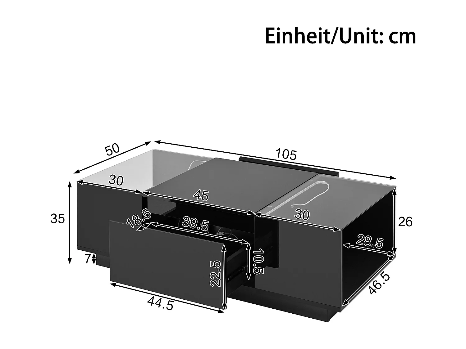 Table basse moderne et minimaliste de 105 cm avec rangement, éclairage LED d'ambiance, Noir