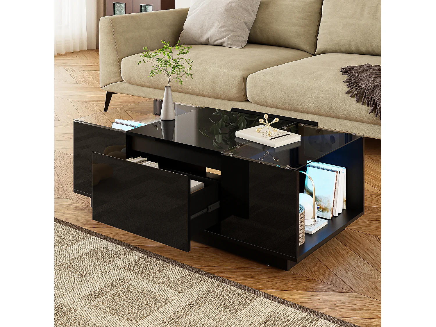 Table basse moderne et minimaliste de 105 cm avec rangement, éclairage LED d'ambiance, Noir