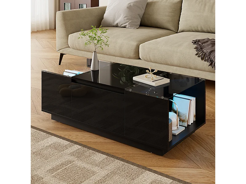 Tavolino da caffè moderno e minimalista da 105 cm con contenitore, illuminazione LED ambientale, nero