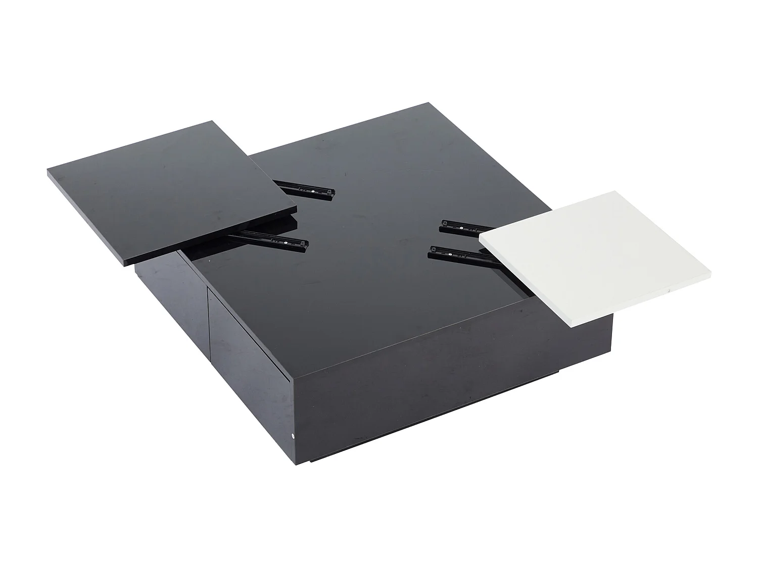 Vierkante salontafel, enkelvoudig schuifblad, 2 lades, 75 x 75 x 33 cm, glanzend zwart en wit