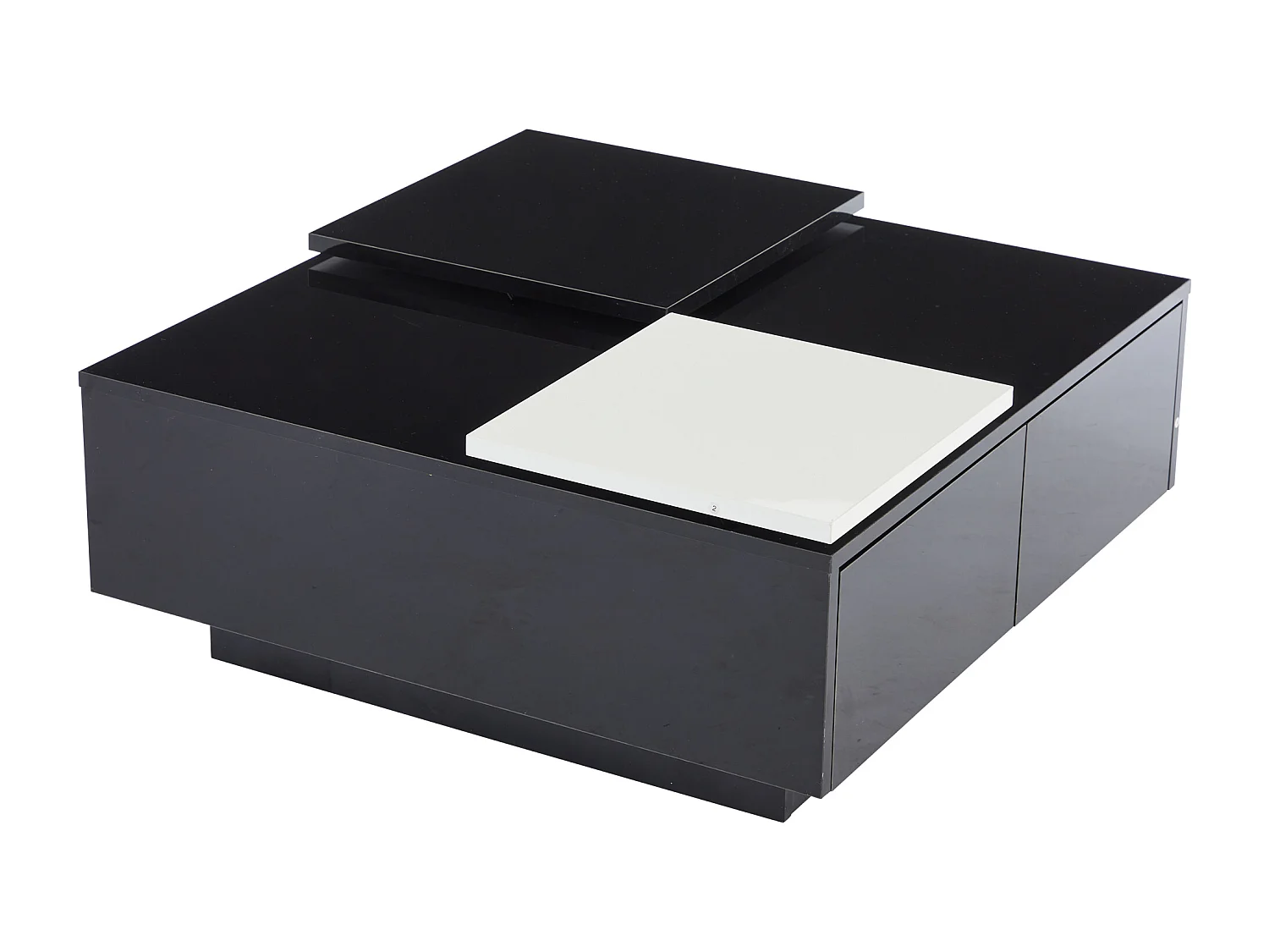 Vierkante salontafel, enkelvoudig schuifblad, 2 lades, 75 x 75 x 33 cm, glanzend zwart en wit
