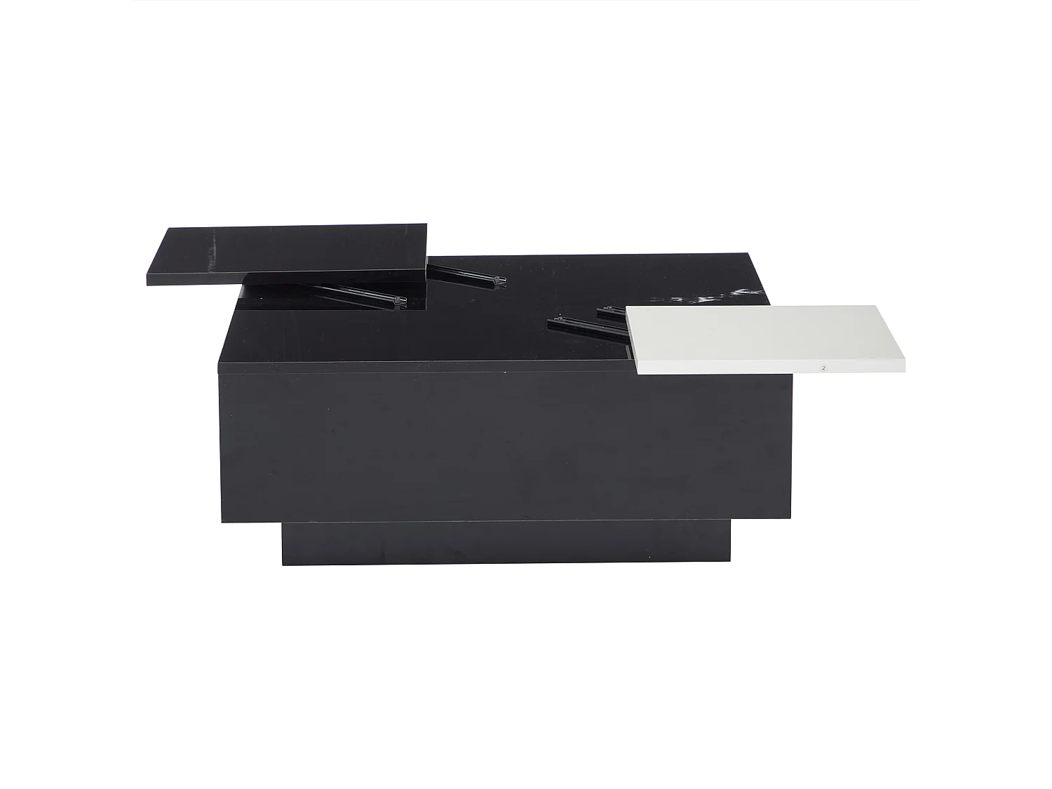 Vierkante salontafel, enkelvoudig schuifblad, 2 lades, 75 x 75 x 33 cm, glanzend zwart en wit