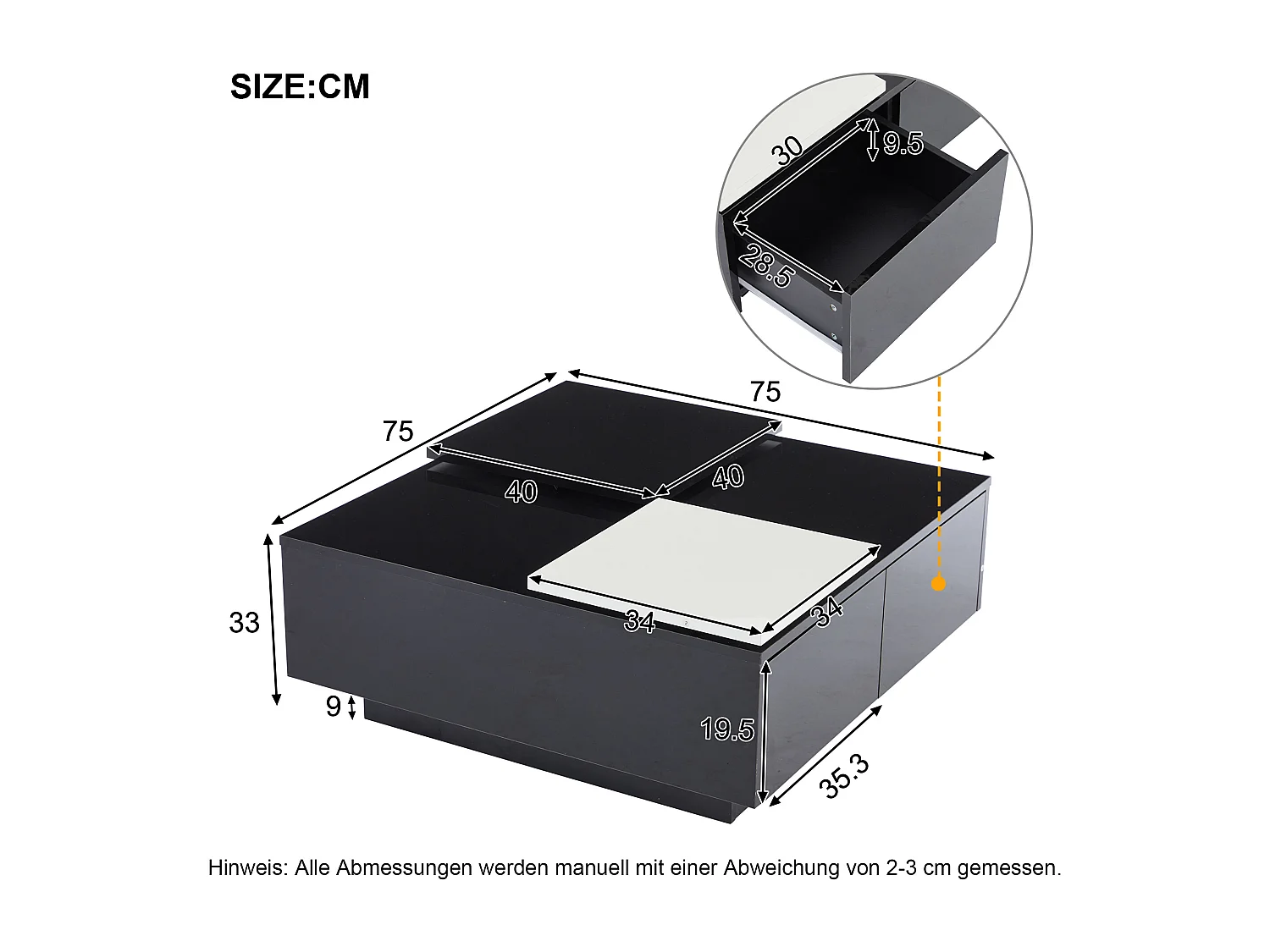 Table Basse Carrée, Unique Plateau Coulissant, 2 Tiroirs, 75 x 75 x 33 cm, Brillant Noir et Blanc