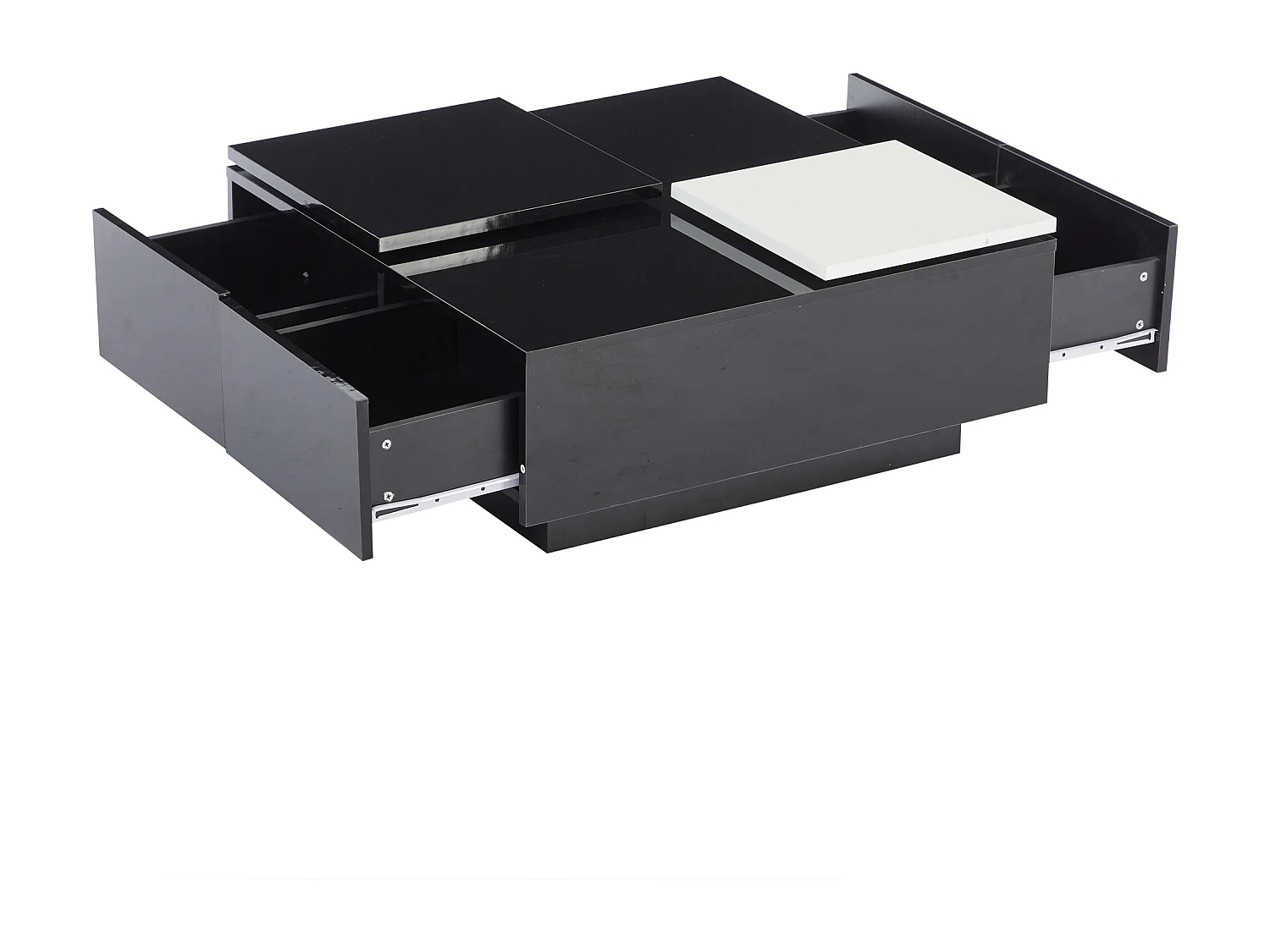Table Basse Carrée, Unique Plateau Coulissant, 2 Tiroirs, 75 x 75 x 33 cm, Brillant Noir et Blanc