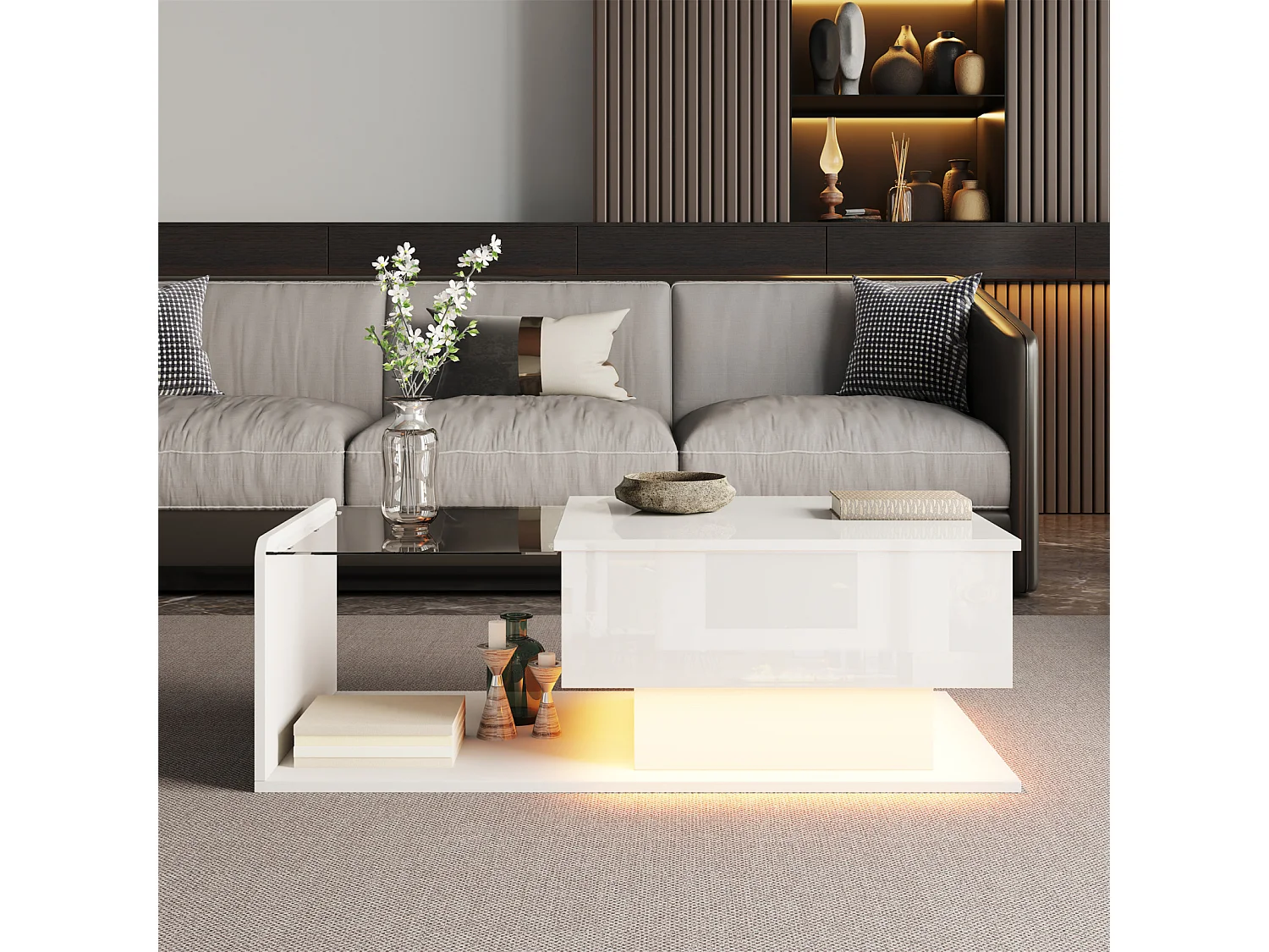 Tavolino da caffè, 100 x 50 x 33/47,5 cm, con piano in vetro ed effetto LED, bianco