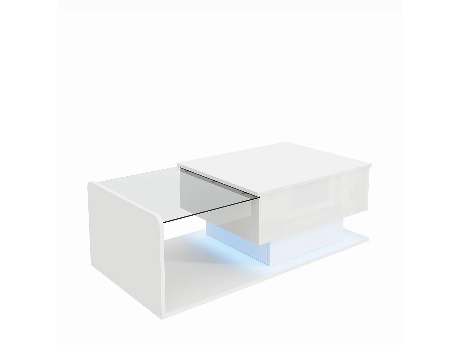 Tavolino da caffè, 100 x 50 x 33/47,5 cm, con piano in vetro ed effetto LED, bianco