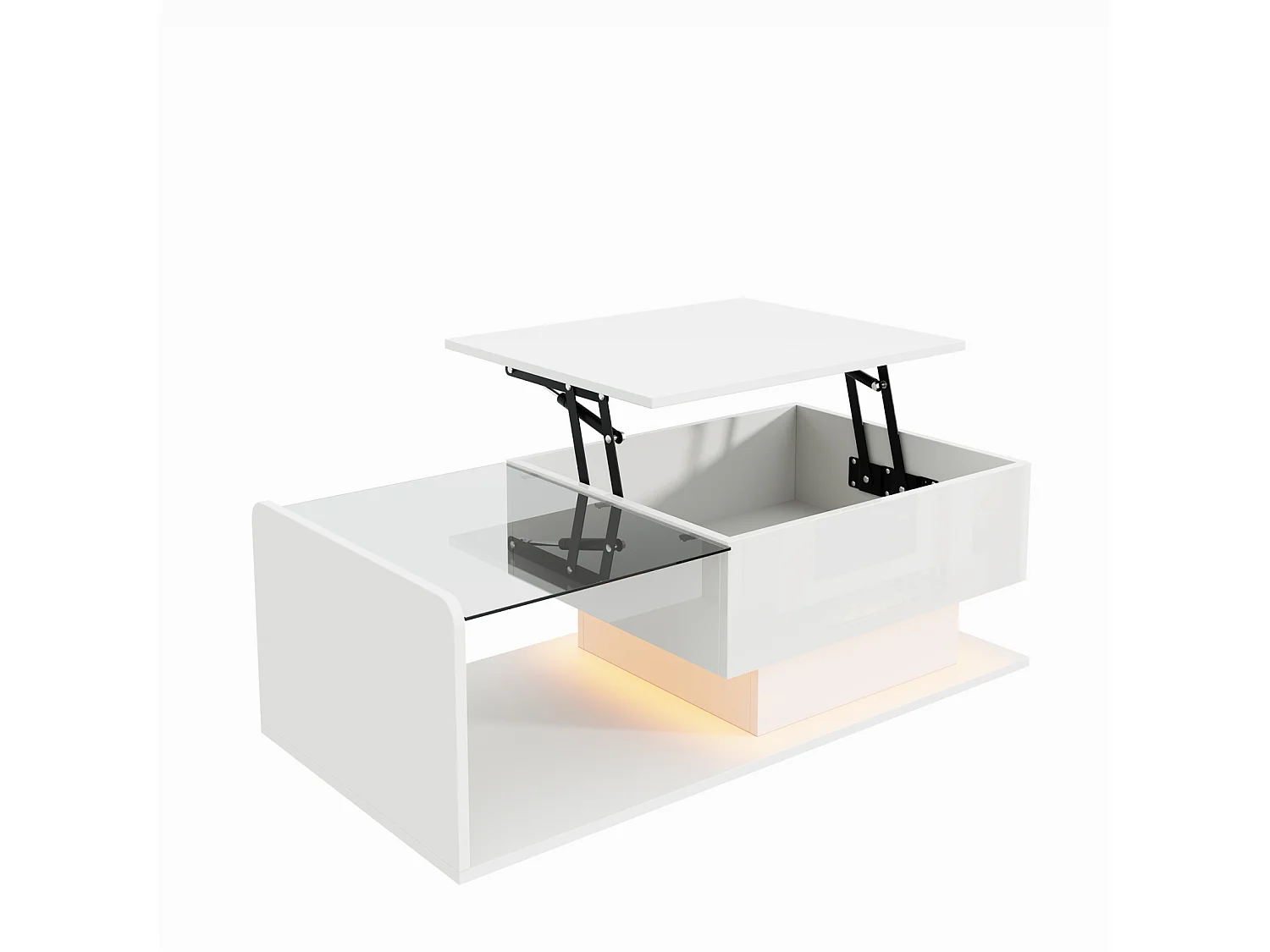 Tavolino da caffè, 100 x 50 x 33/47,5 cm, con piano in vetro ed effetto LED, bianco