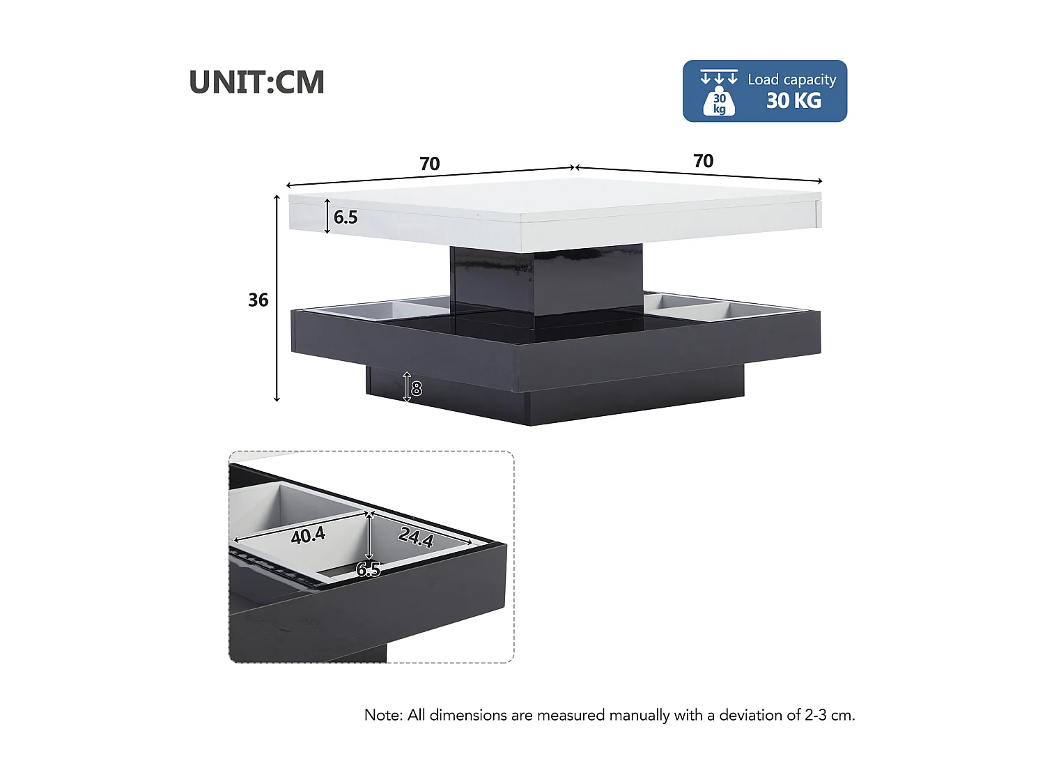 Table Basse carrée avec Rotation à 360 degrés -  avec compartiment de rangement, noir + blanc