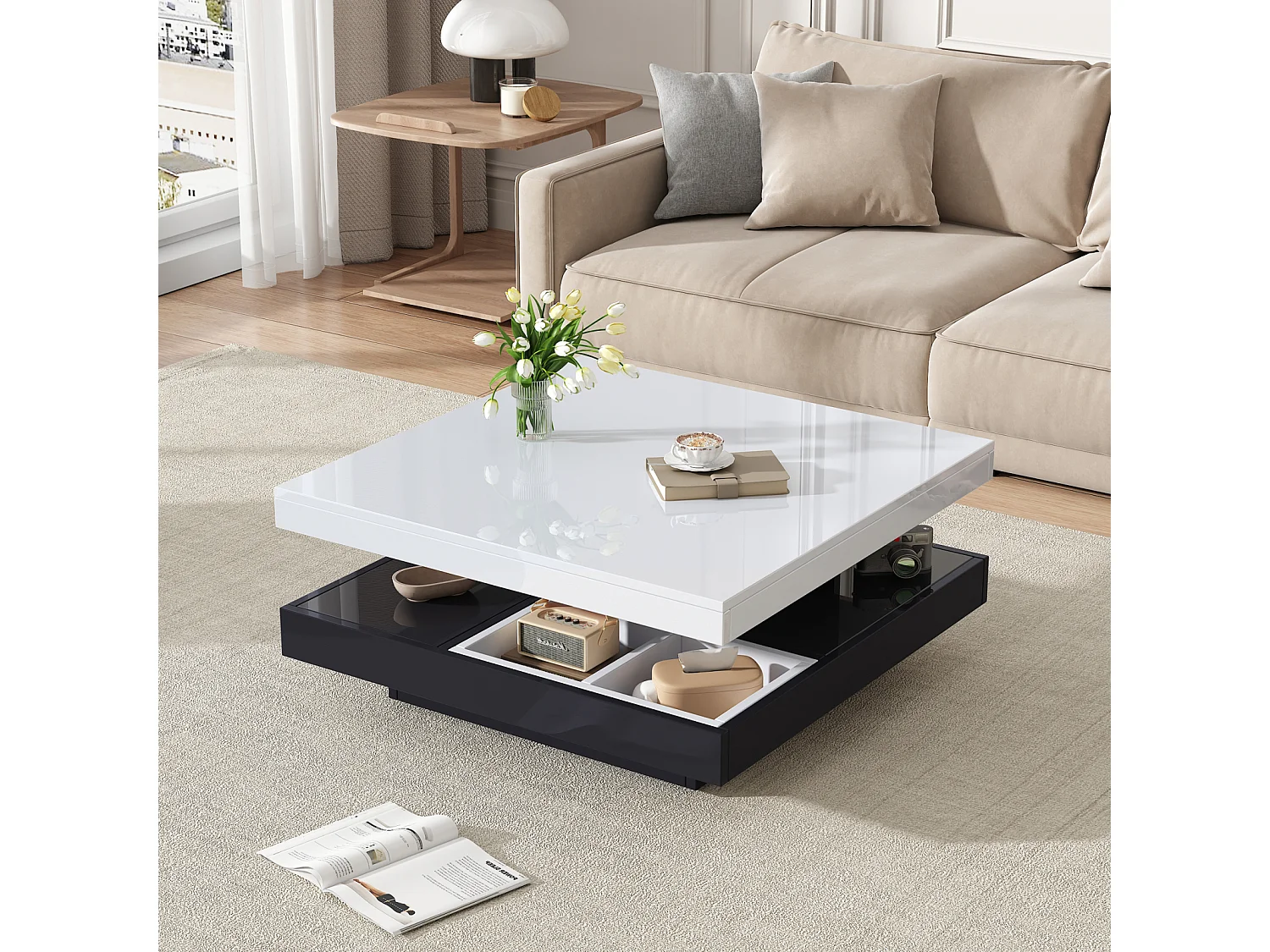 Table Basse carrée avec Rotation à 360 degrés -  avec compartiment de rangement, noir + blanc