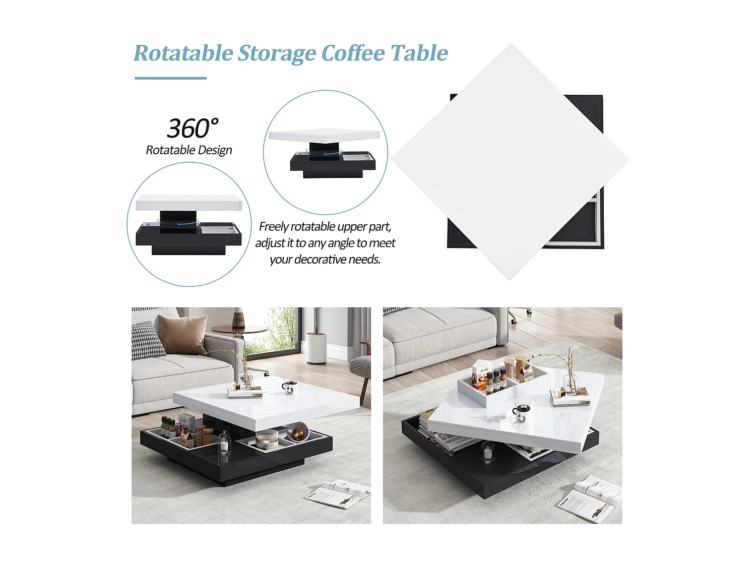 Table Basse carrée avec Rotation à 360 degrés -  avec compartiment de rangement, noir + blanc