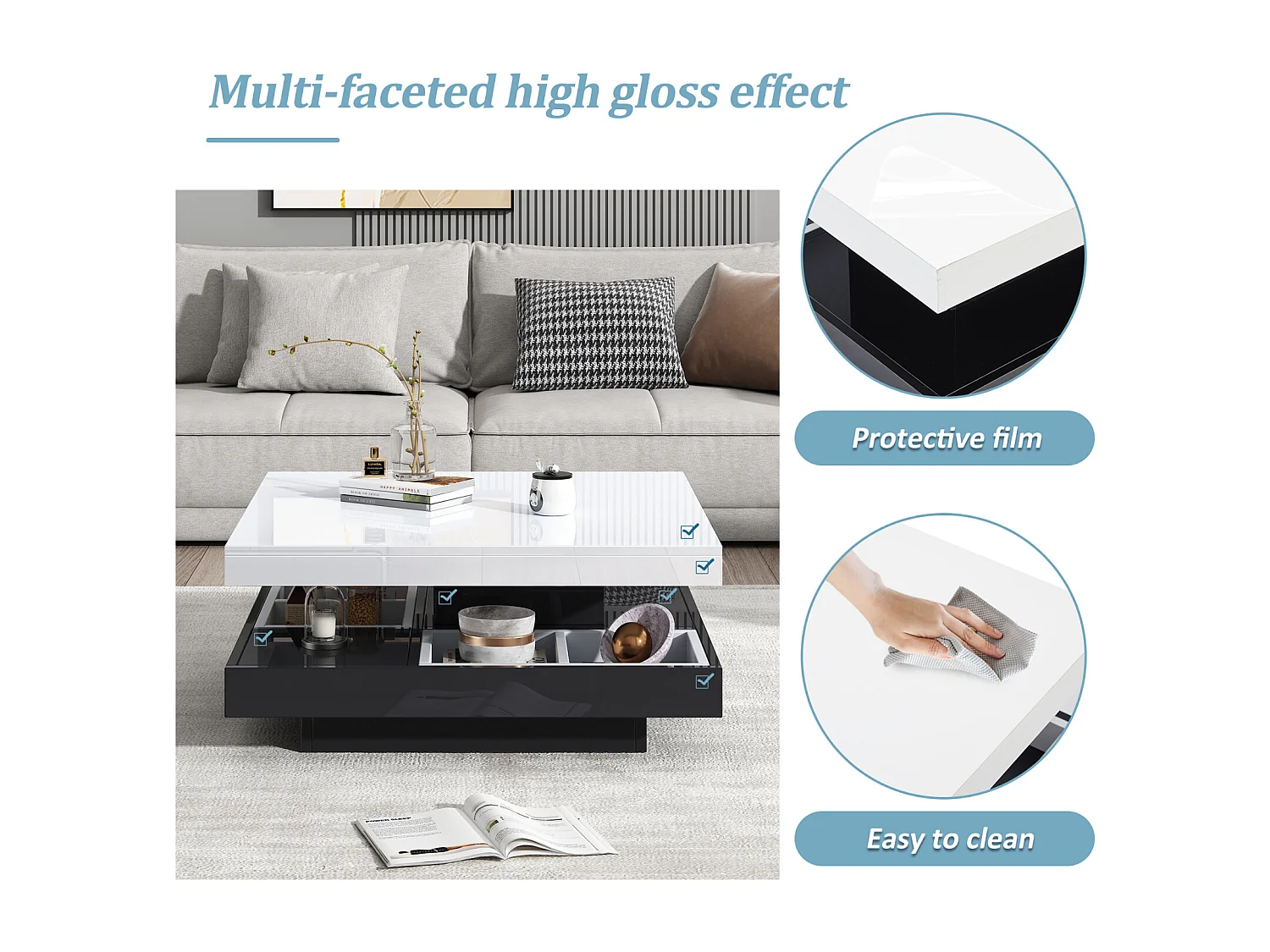 Table Basse carrée avec Rotation à 360 degrés -  avec compartiment de rangement, noir + blanc