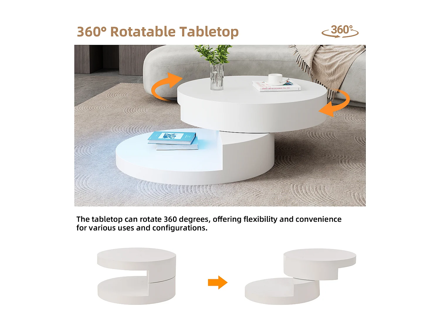 Mesa de centro - 70x70x35,5 cm - Tablero giratorio 360° - con tira LED de 16 colores - Blanca