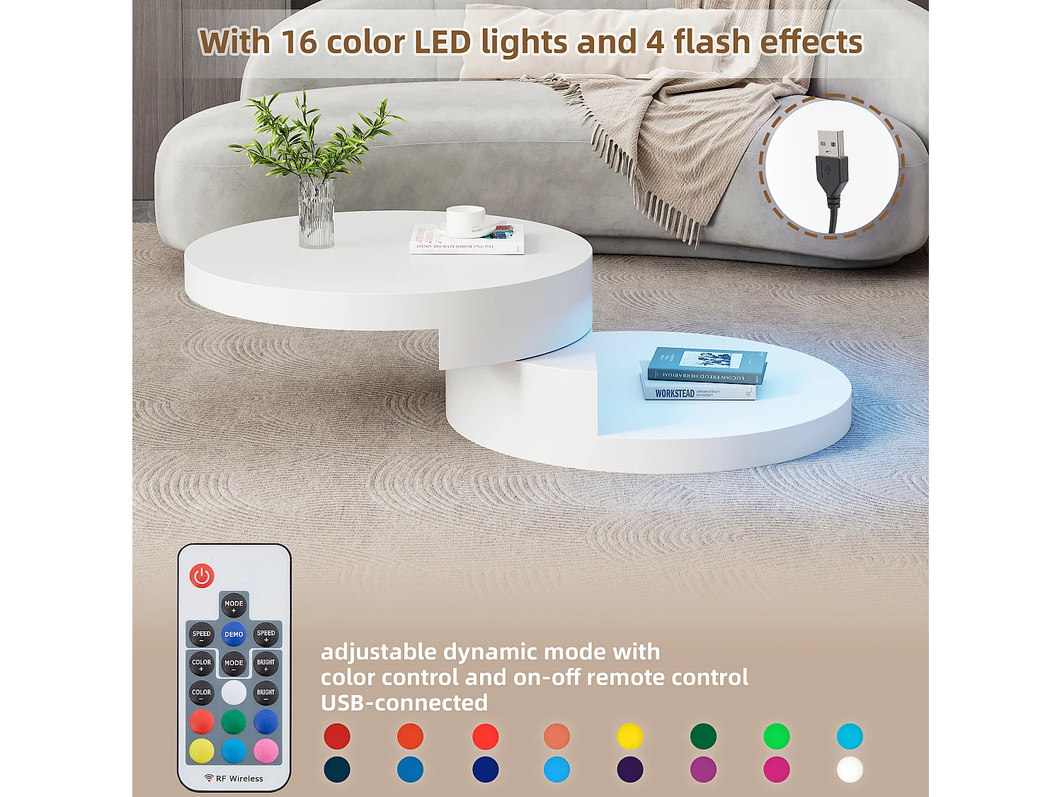 Mesa de centro - 70x70x35,5 cm - Tablero giratorio 360° - con tira LED de 16 colores - Blanca