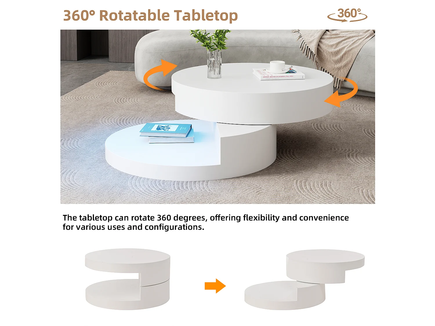 Mesa de centro - 70x70x35,5cm - Tampo giratório 360° - com faixa de LED de 16 cores - Branca