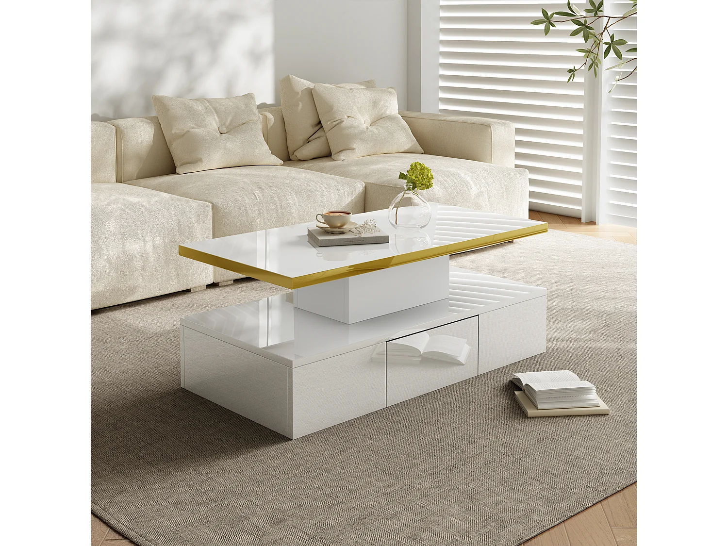 Table Basse avec éclairage LED , Table avec tiroirs, Table d'appoint avec Deux étagères , Blanc