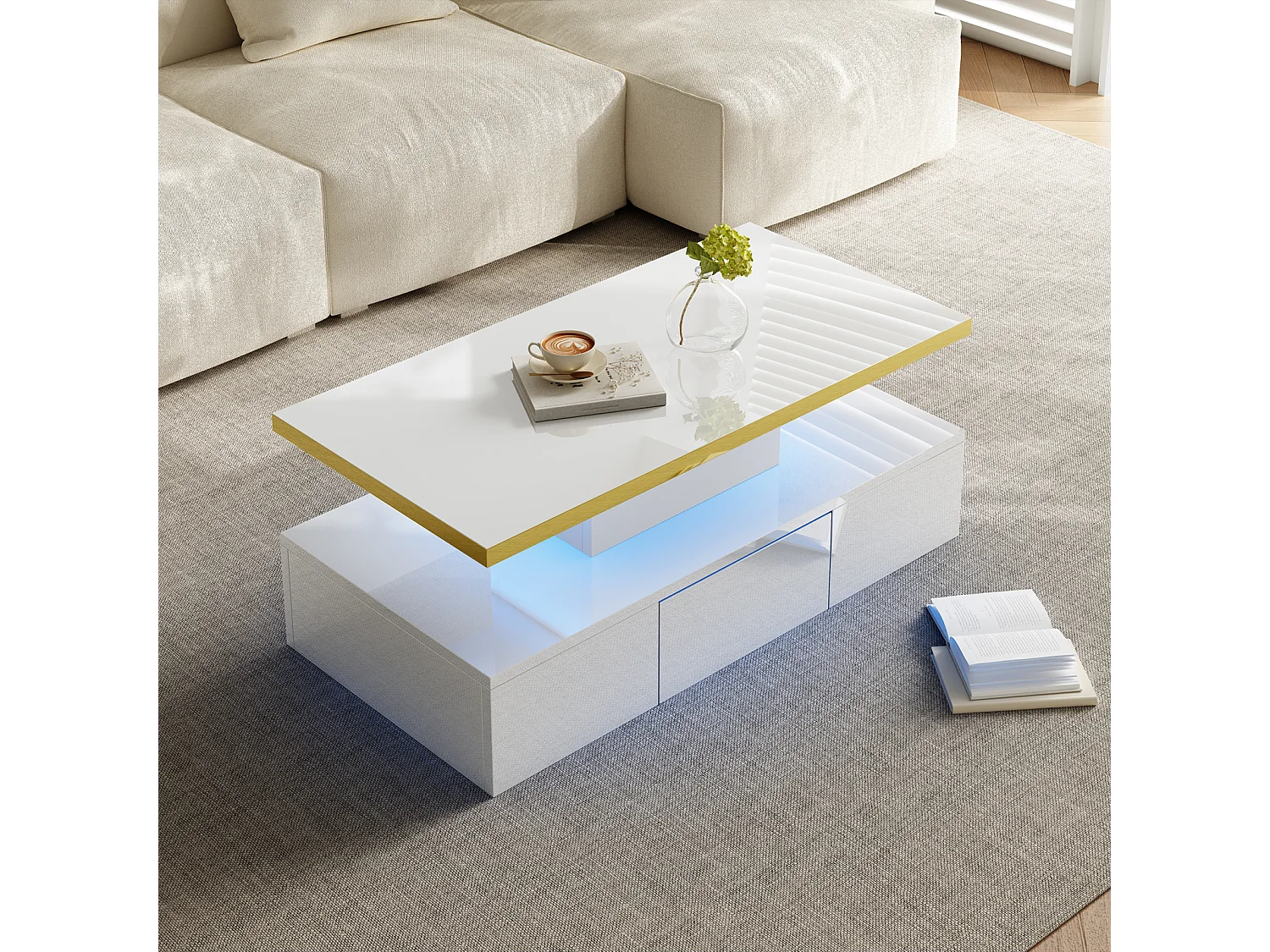 Table Basse avec éclairage LED , Table avec tiroirs, Table d'appoint avec Deux étagères , Blanc