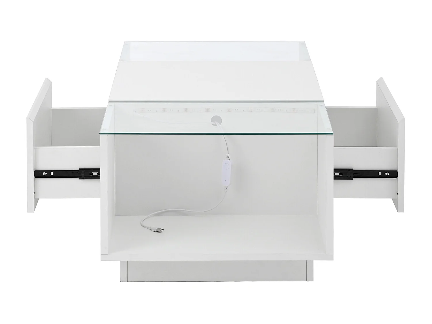 Mesa de centro moderna e minimalista de 105 cm com espaço de armazenamento, iluminação ambiente em LED, branca.