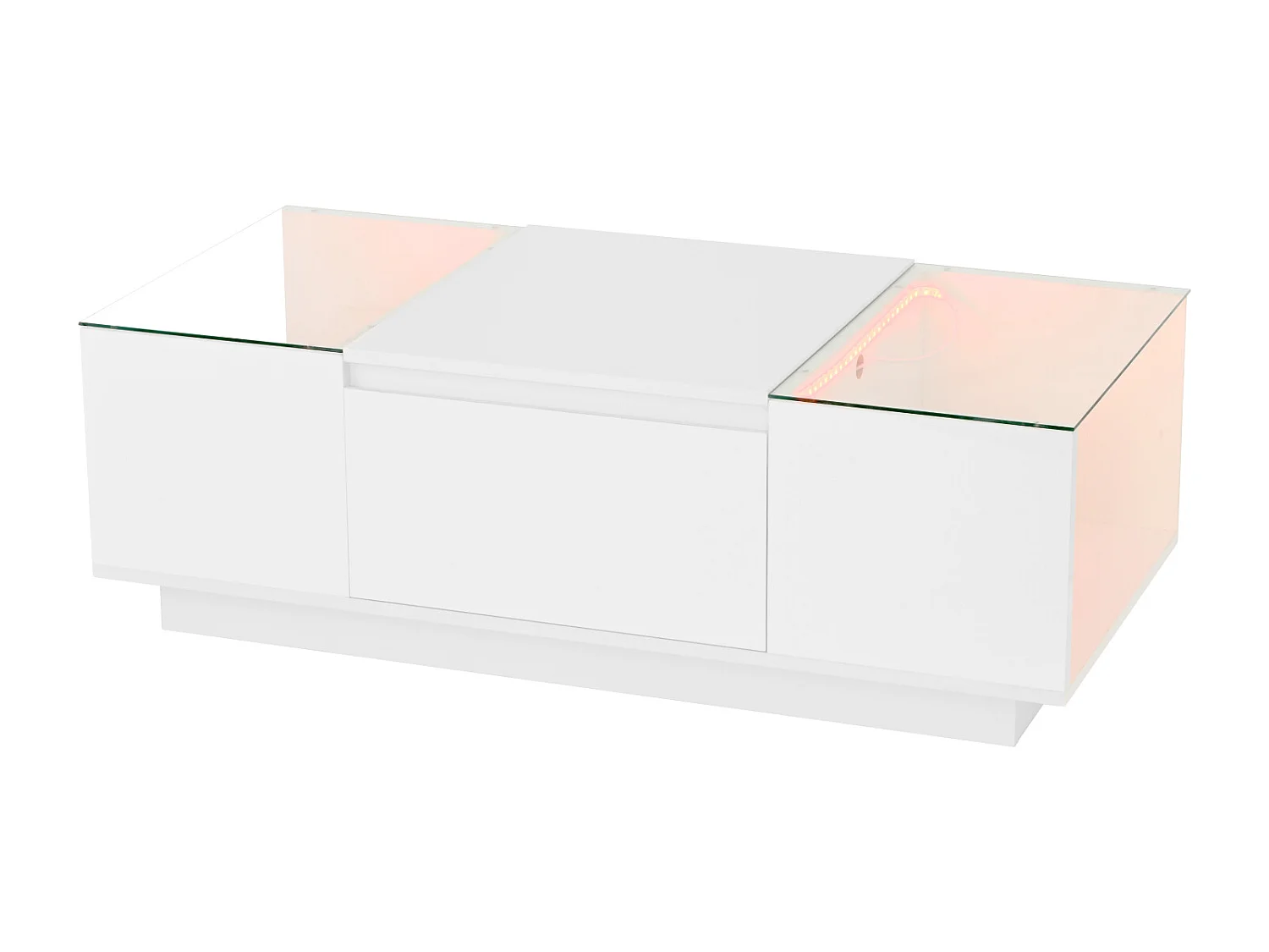 Mesa de centro moderna e minimalista de 105 cm com espaço de armazenamento, iluminação ambiente em LED, branca.
