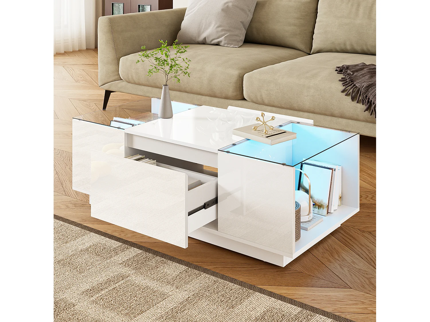 Table basse moderne et minimaliste de 105 cm avec rangement, éclairage LED d'ambiance, Blanc