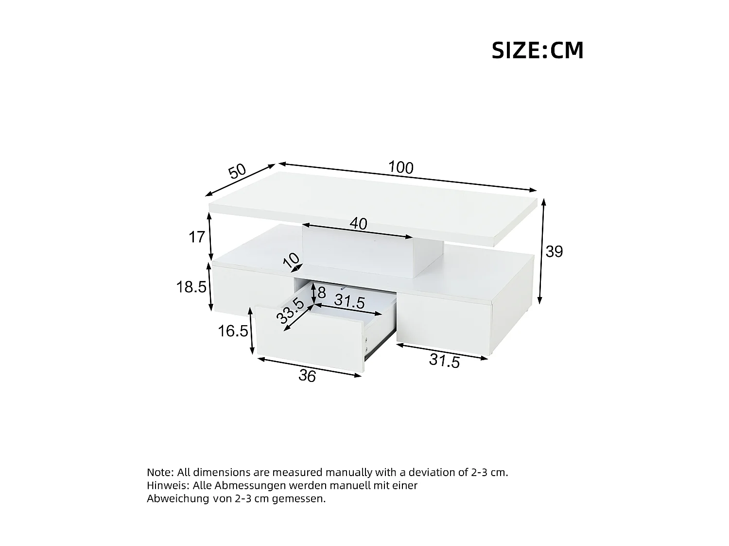 Salontafel met 2 lagen, 16 kleuren, schuifladen en displayplank, wit