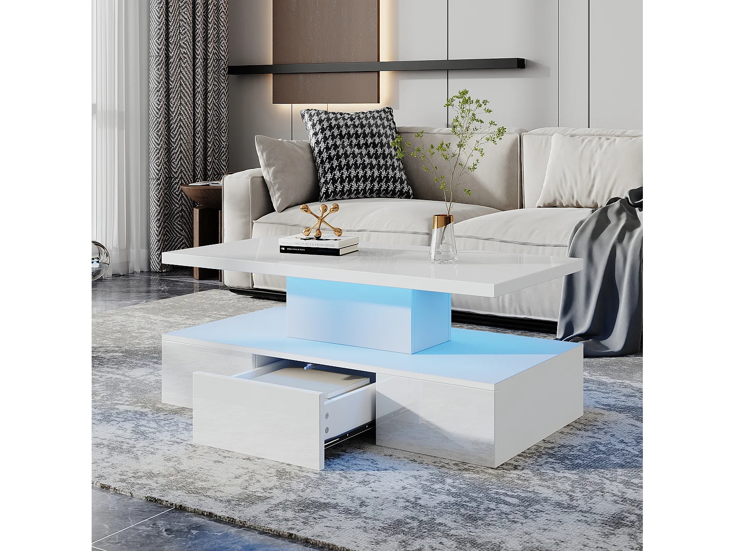 Salontafel met 2 lagen, 16 kleuren, schuifladen en displayplank, wit