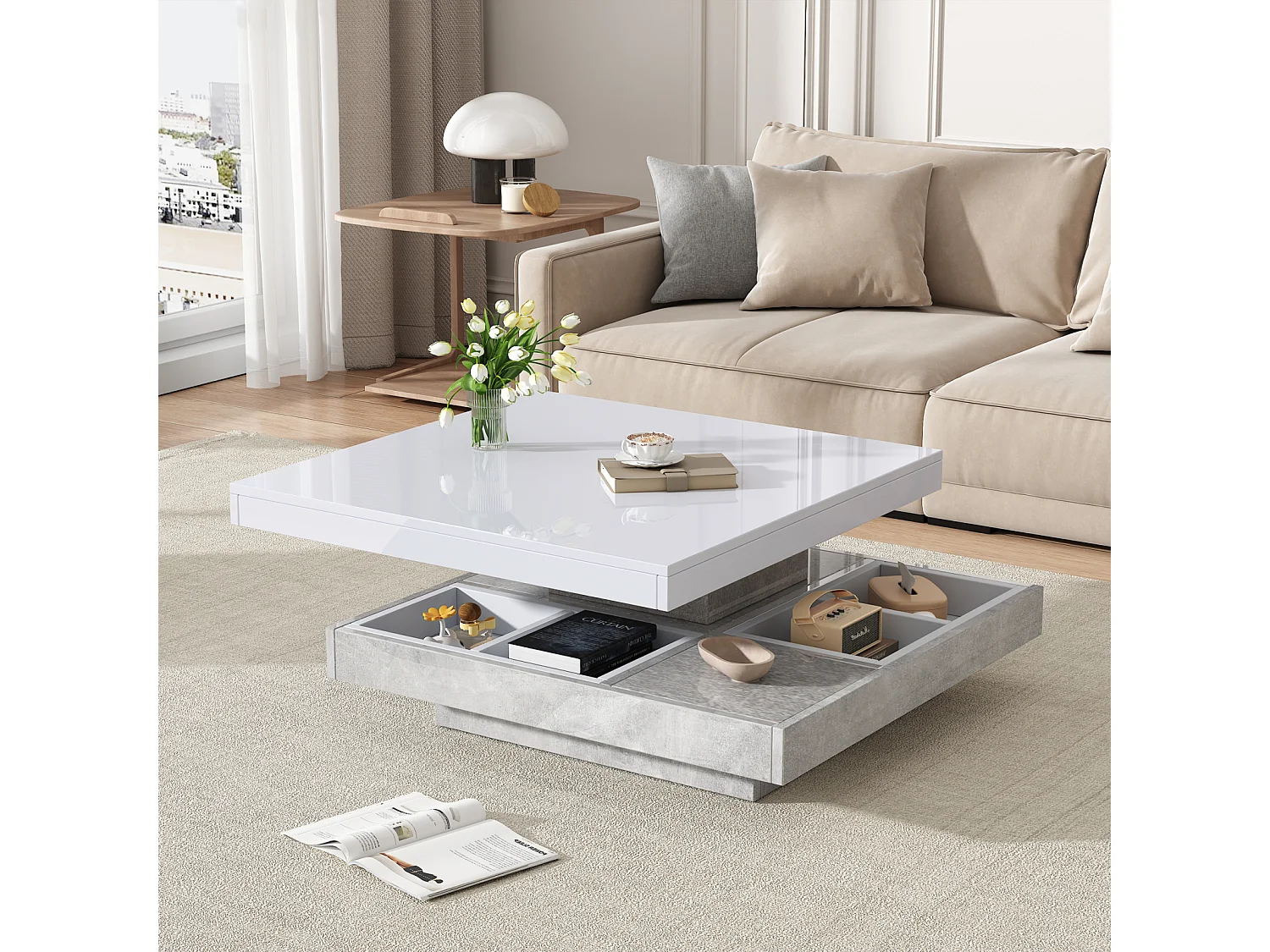 Table Basse carrée avec Rotation à 360 degrés -  avec compartiment de rangement, Gris + blanc